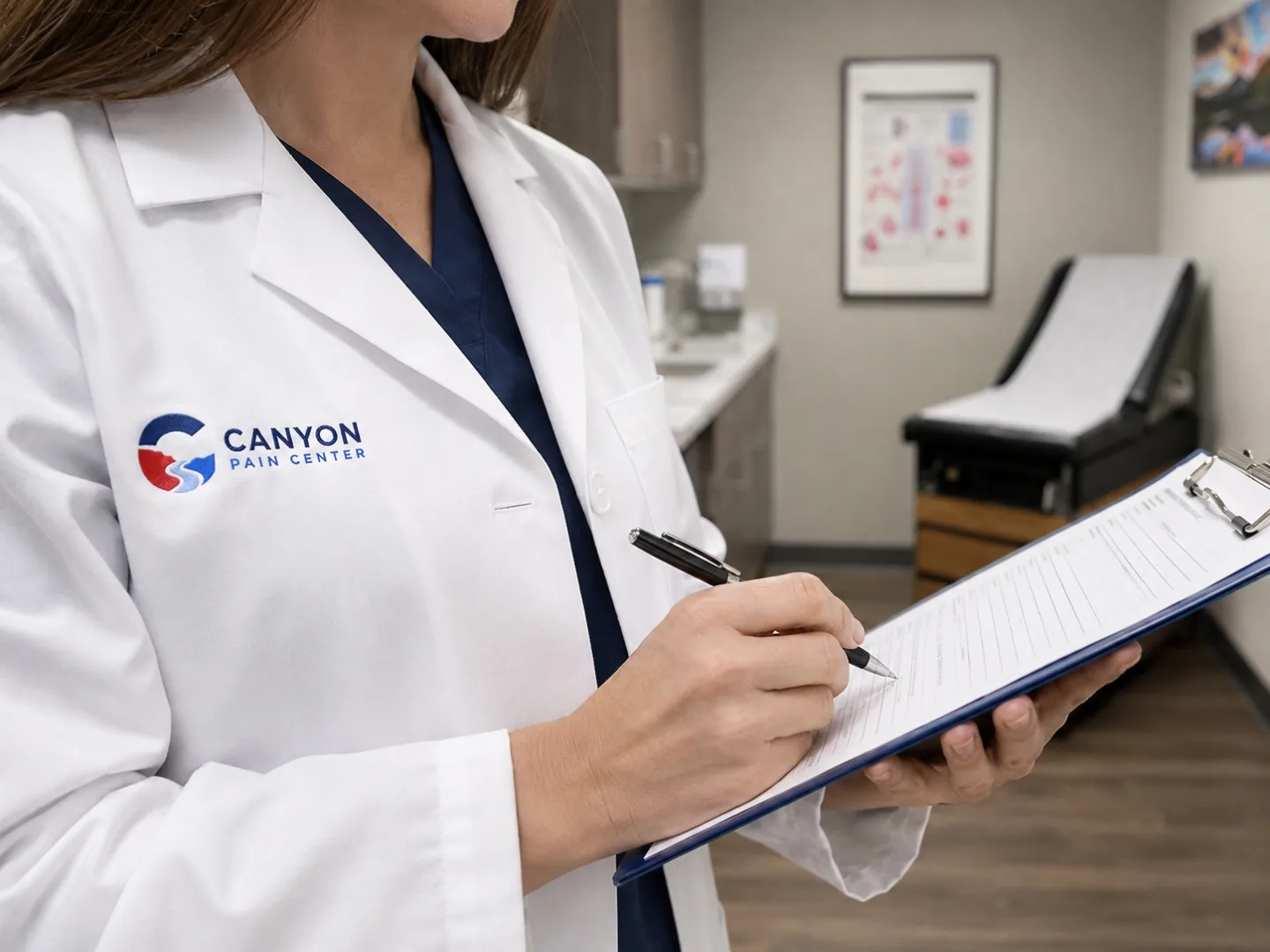 Provider reviewing a patient's treatment plan in an exam room